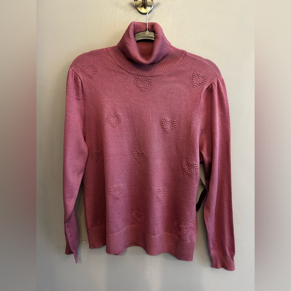 NWT Love Scarlett mauve cosmetic rose turtleneck sweater with heart pattern XL